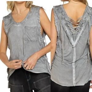 POL Never Before Distressed Gray Ribbed Ruffle Trim Lace Up Back Tank Top XL